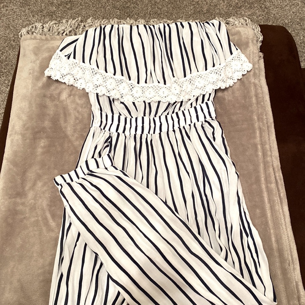 Black and white strapless romper.